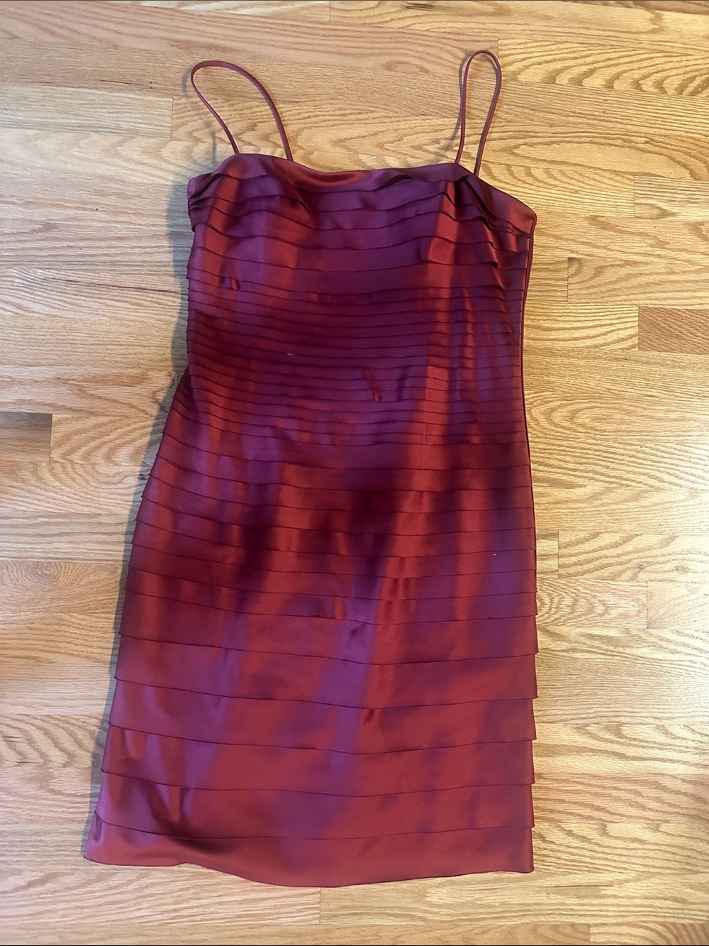 J Slides Burgundy Tiered Satin Midi Dress